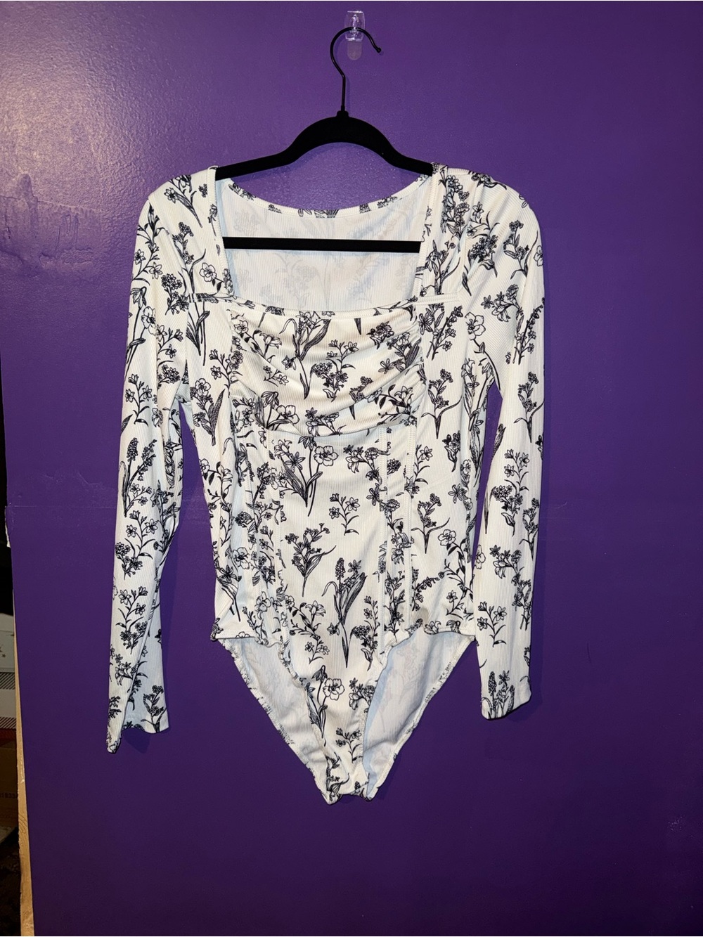 White Long Sleeve Floral Bodysuit